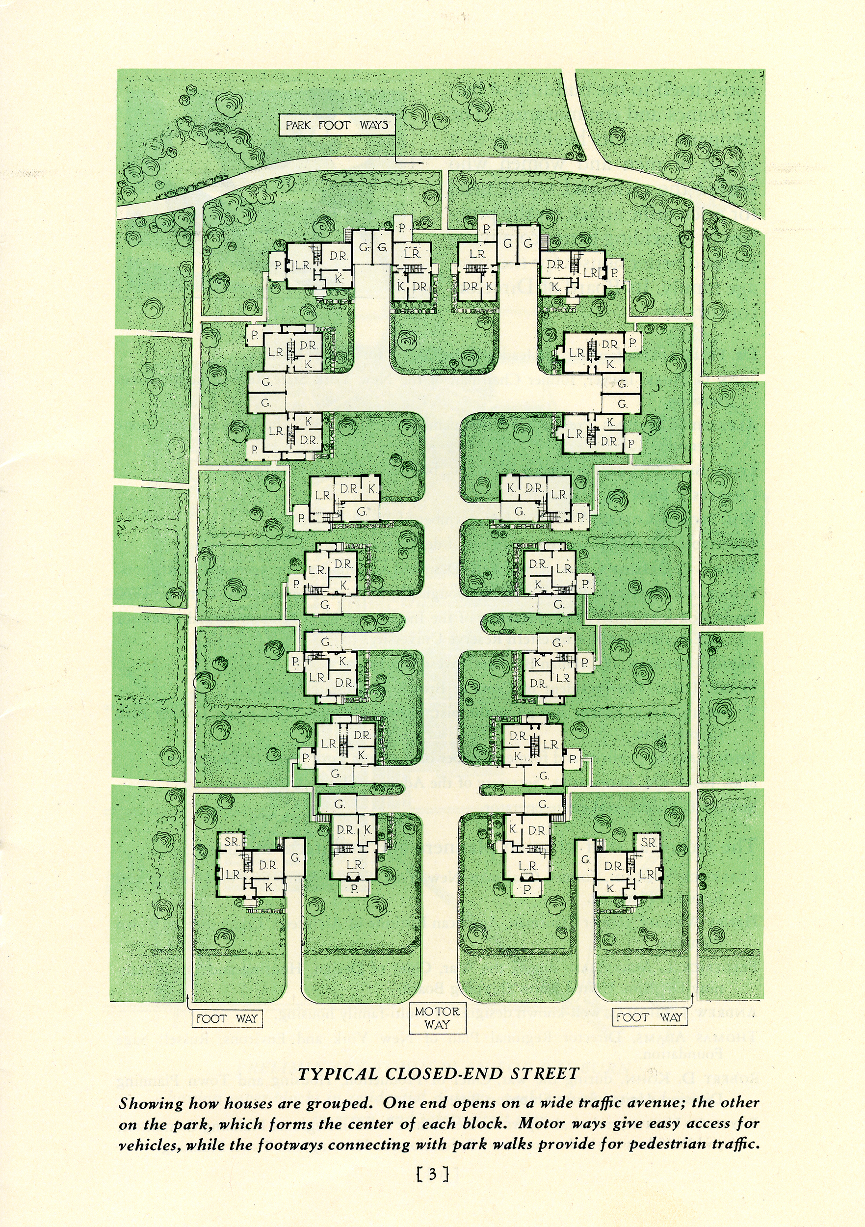 An original diagram displaying how roads and walkways connected to homes in the Radburn community.